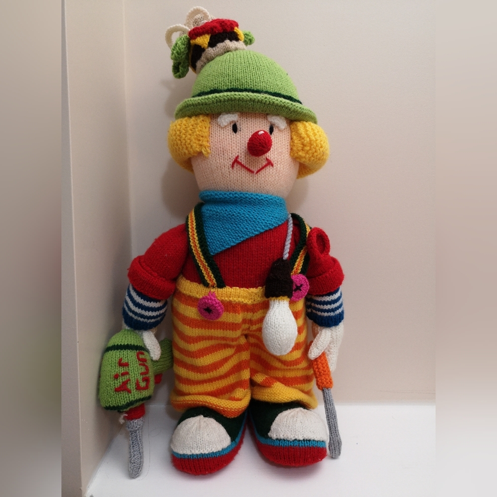 Vintage Hand Crafted Mr. Fix It Knitted Clown Doll ~ 22”